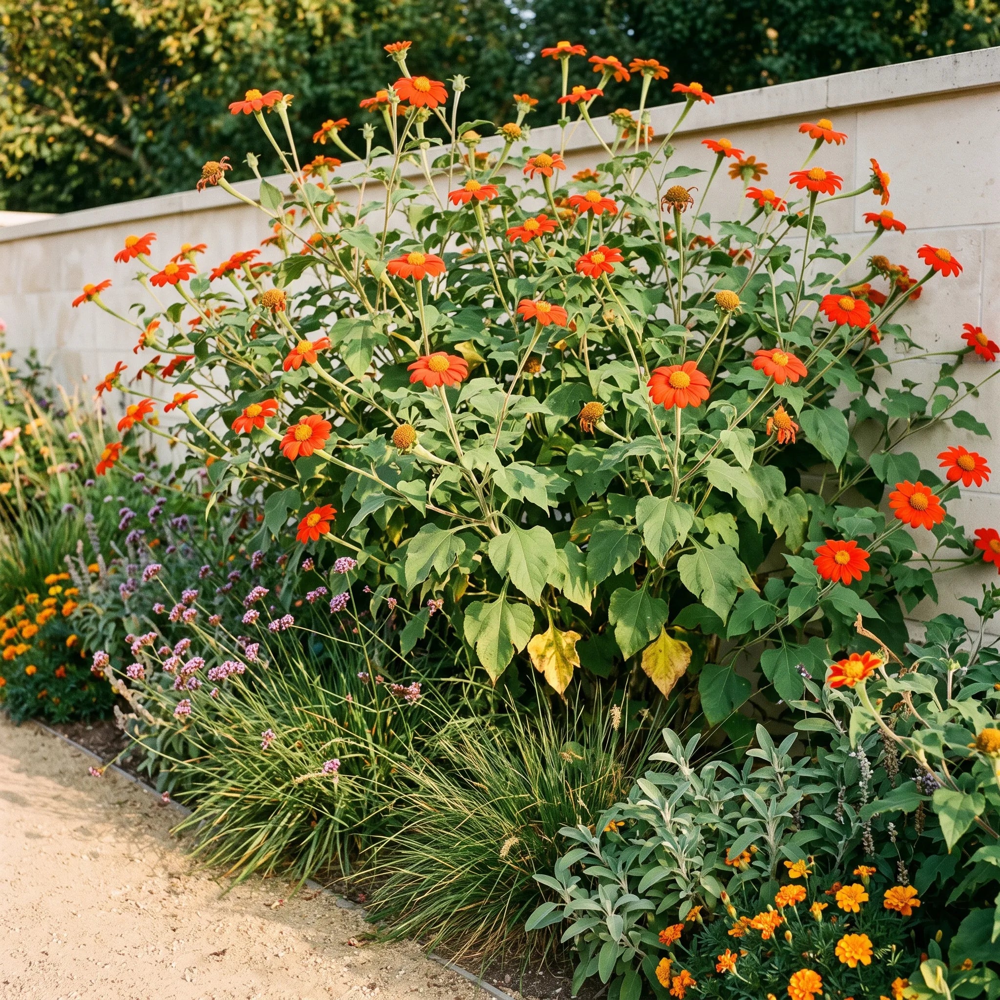Touffe de tournesols mexicains aux capitules orange vif en fond de massif