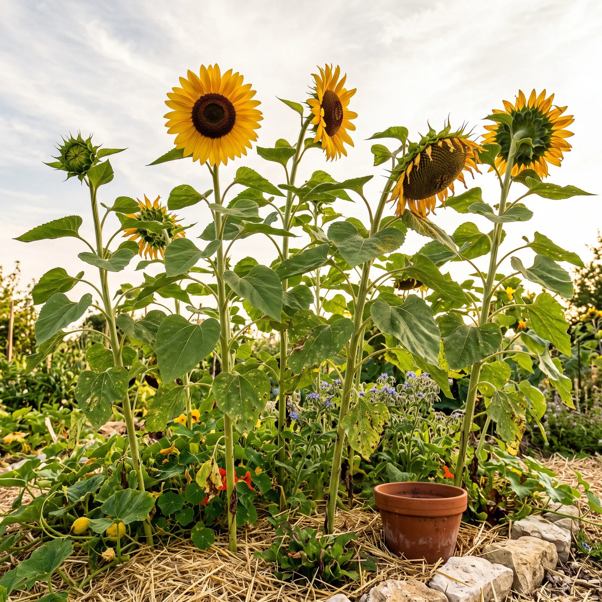 Tournesols en fleurs en fond de potager en permaculture — SemiSauvage