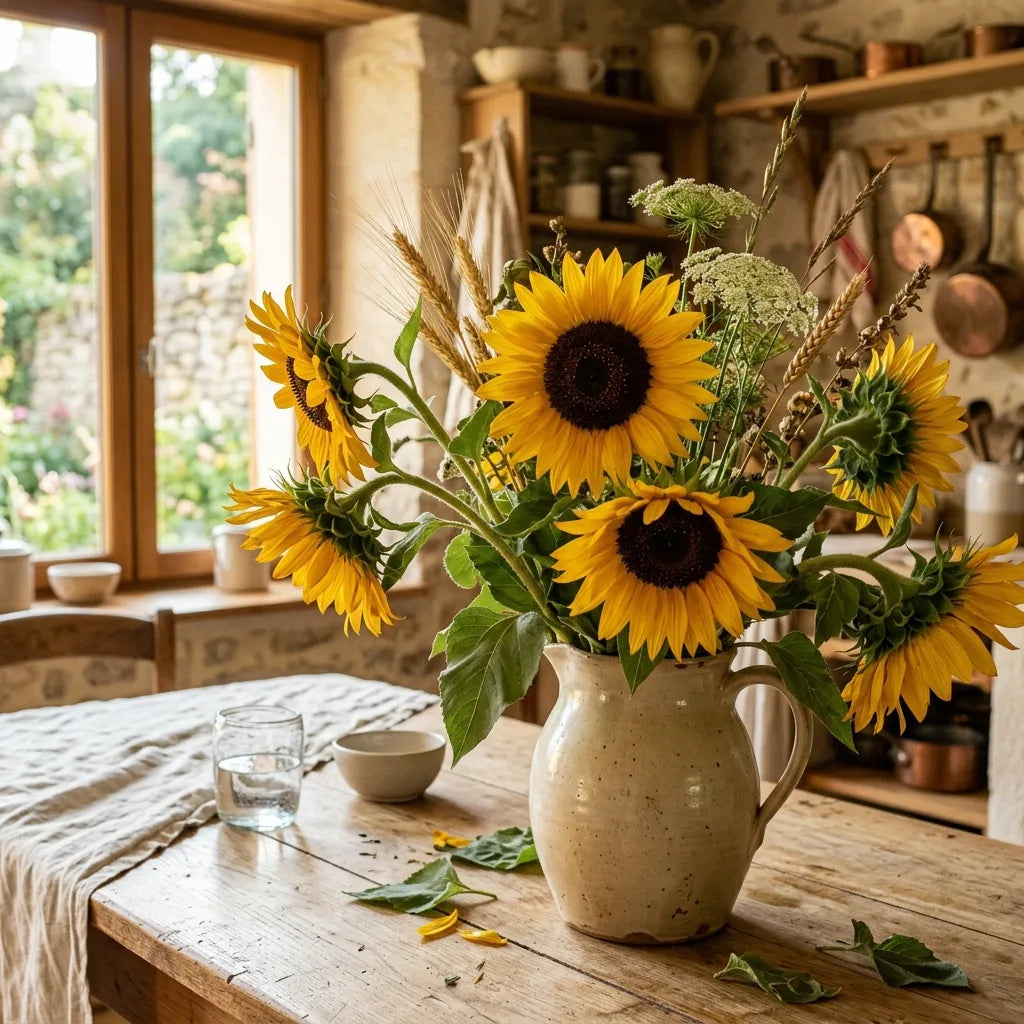 Bouquet généreux de tournesols dans un pichet en céramique artisanale — SemiSauvage