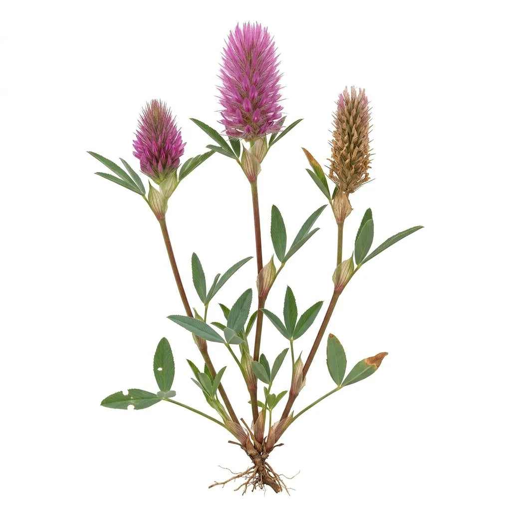 Plante entière de trèfle pourpre (Trifolium rubens) et ses épis plumeux, sur fond blanc — SemiSauvage