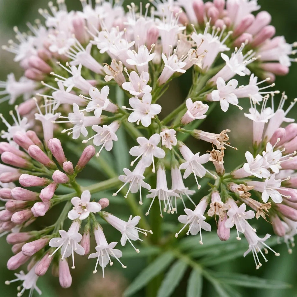Macro de l'inflorescence de valériane : fleurs tubuleuses blanc rosé à trois étamines saillantes — SemiSauvage
