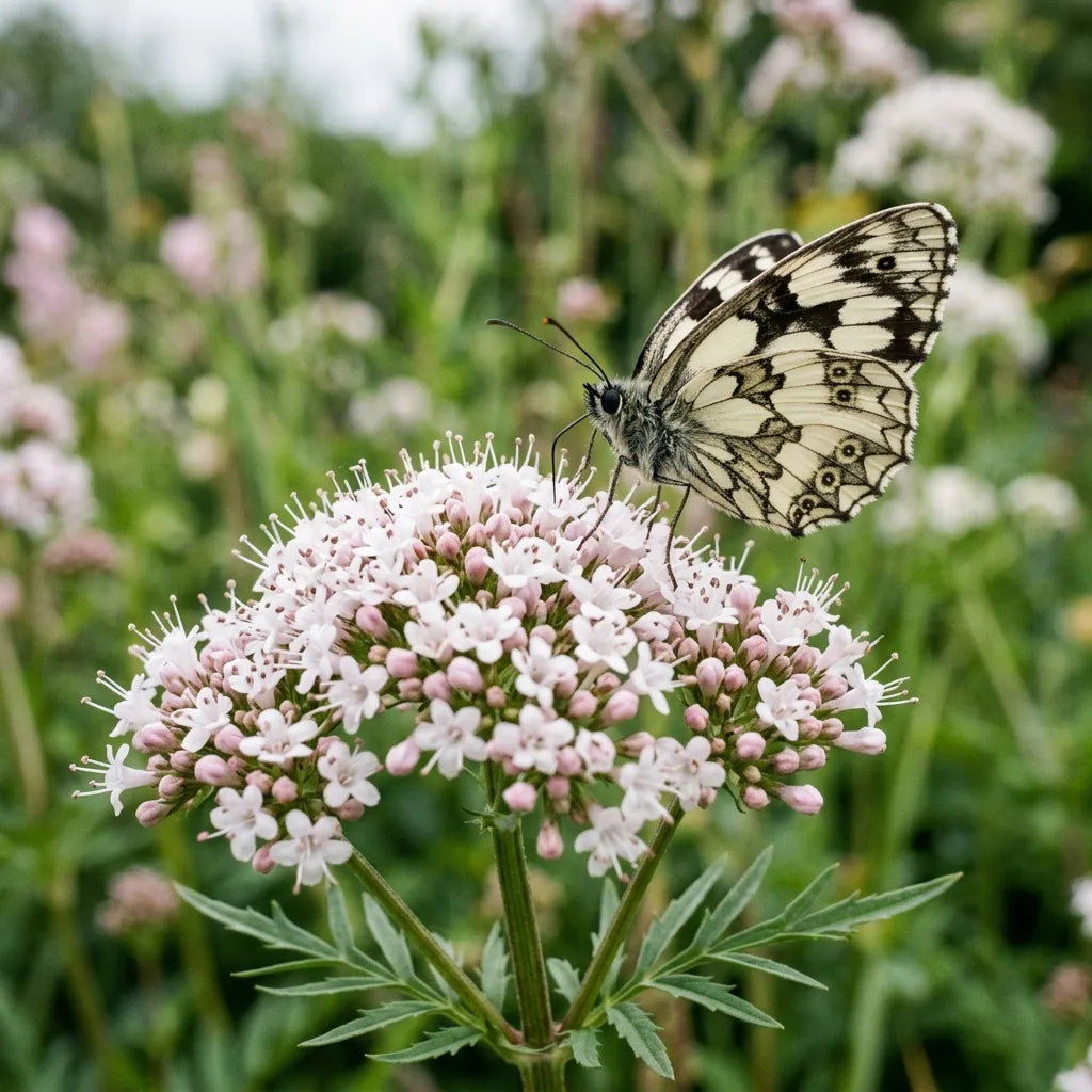 Papillon demi-deuil butinant les fleurs de valériane officinale — SemiSauvage