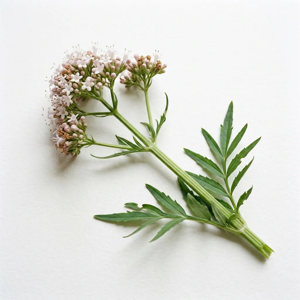 Tige fleurie de valériane officinale (Valeriana officinalis), cyme blanc rosé et feuille imparipennée, sur fond blanc — SemiSauvage