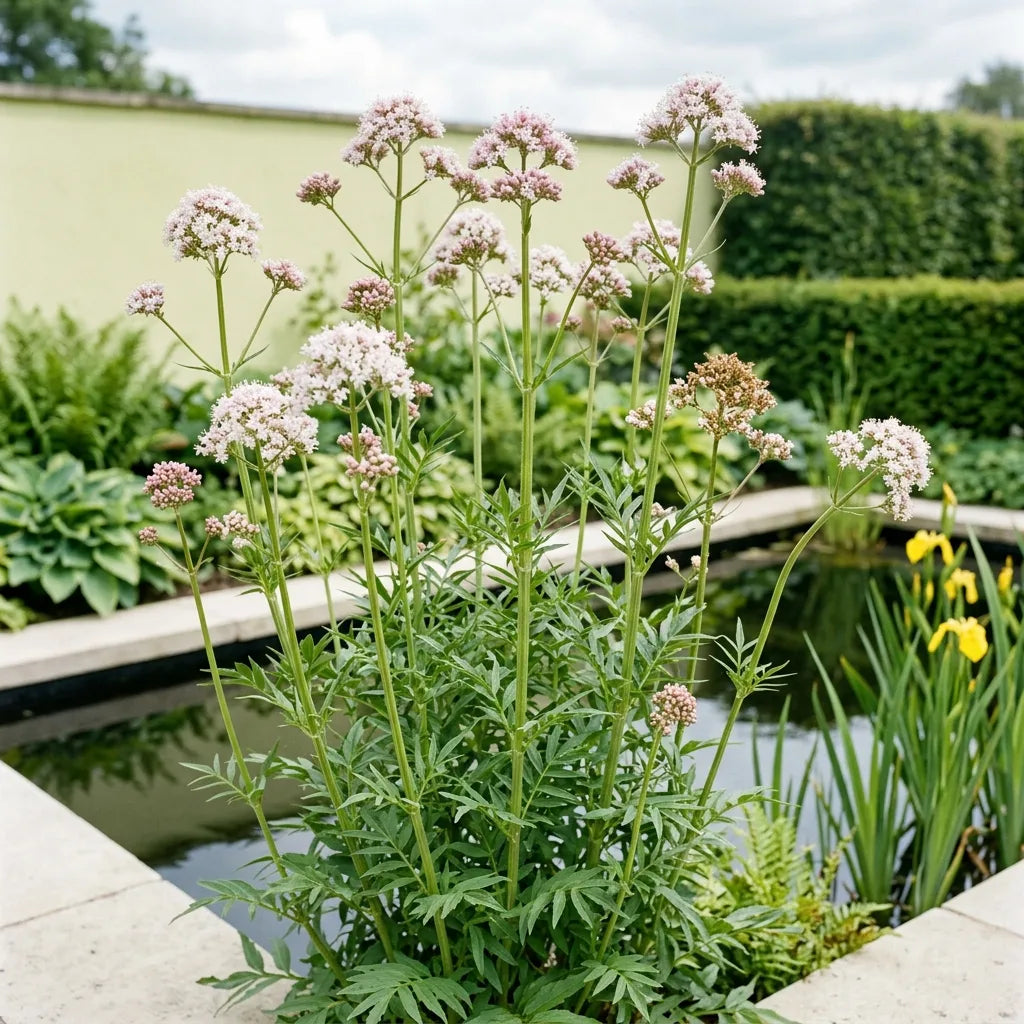 Touffe de valériane officinale en fleurs au bord d'un bassin de jardin — SemiSauvage