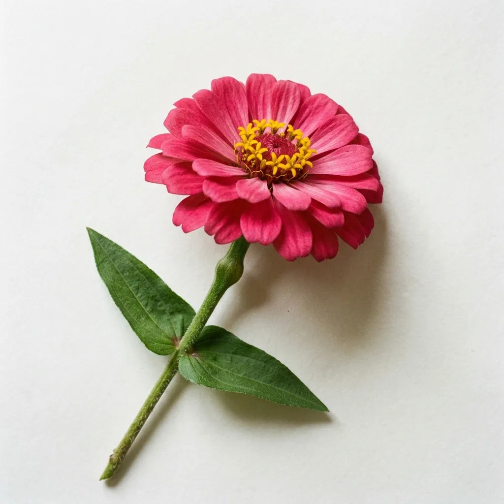 Tige fleurie de zinnia Rose Mystique (Zinnia elegans), capitule double rose à cœur étoilé jaune, sur fond blanc — SemiSauvage