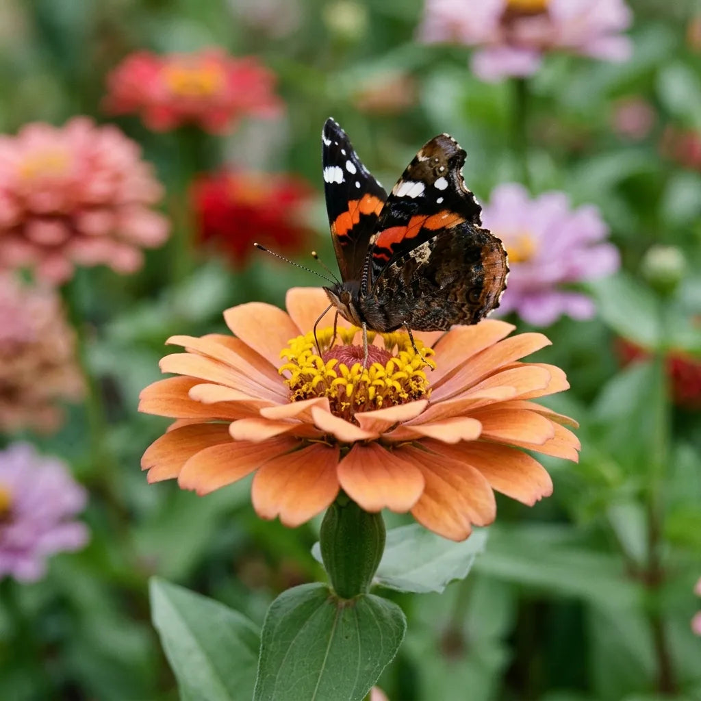 夏の庭で蝶を呼ぶ花、ジニア「ローズ・ミスティーク」の頭花で蜜を吸うクジャクチョウ — SemiSauvage