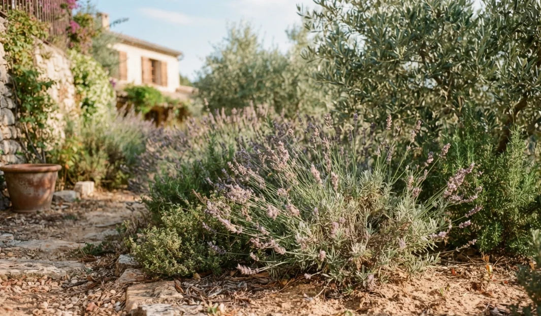 Jardin méditerranéen avec lavande, thym et olivier, exemples de plantes résistantes à la sécheresse