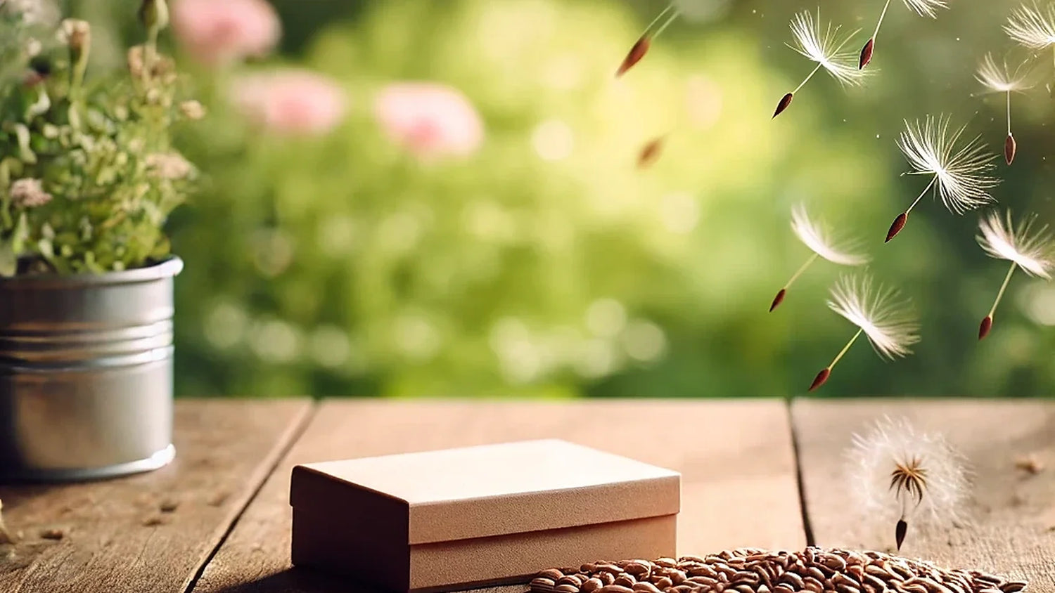 Coffret de graines posé sur une table de bois au milieu du jardin, une poignée de graines répandues à côté et le feuillage du jardin en arrière-plan flou.