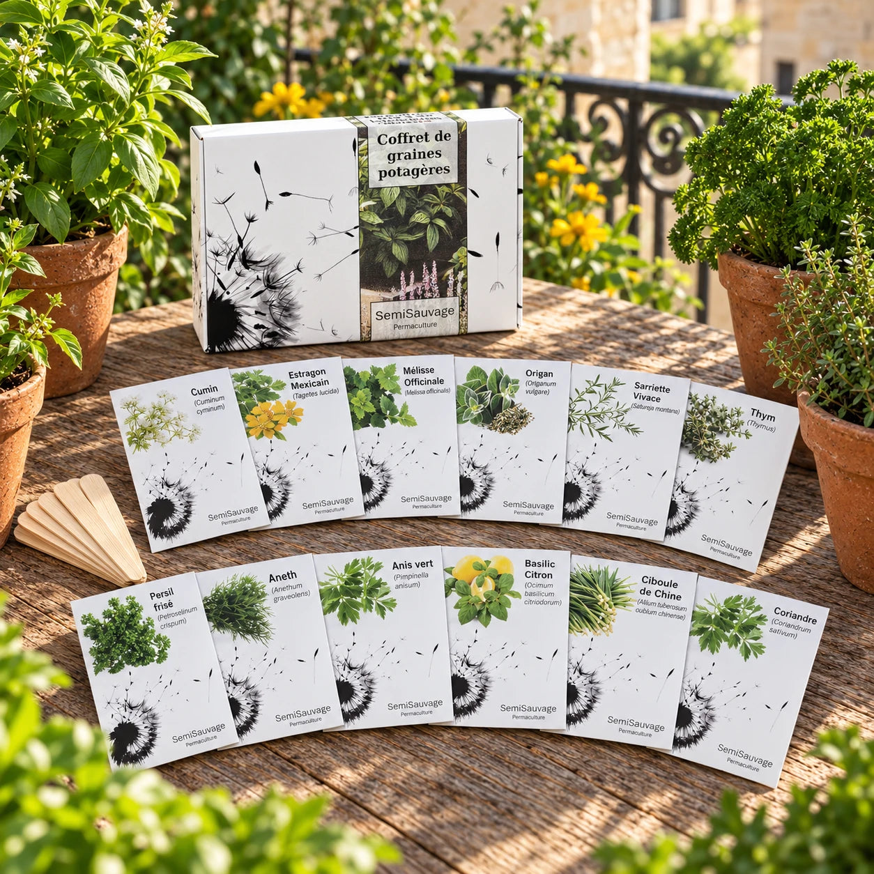 Coffret de graines aromatiques SemiSauvage et douze sachets disposés sur une table.