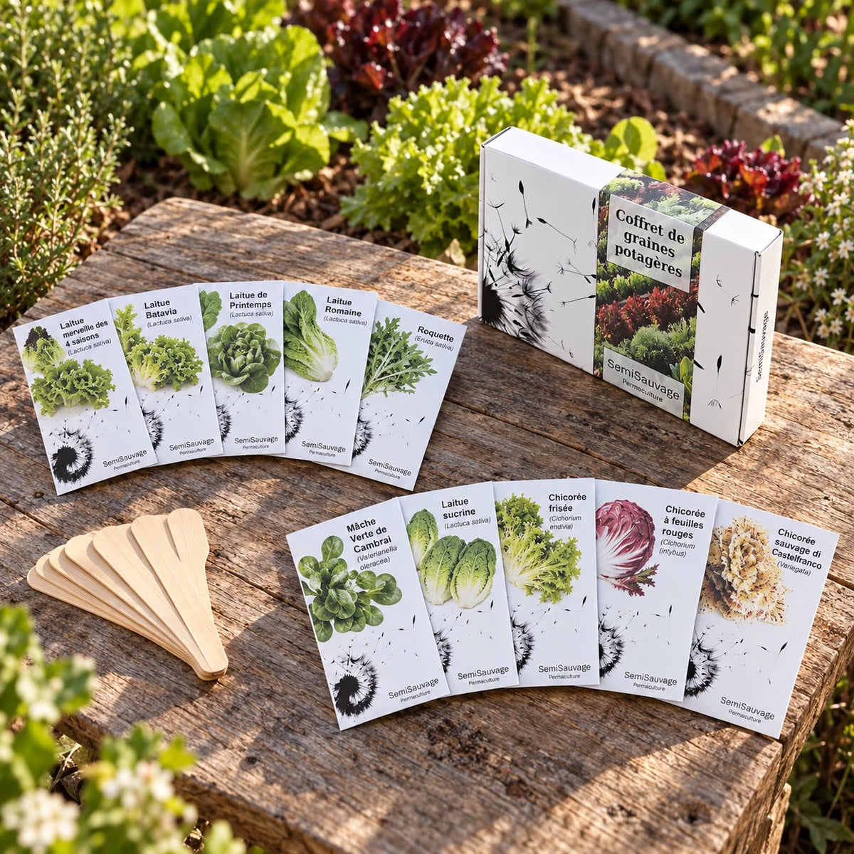Coffret SemiSauvage Spécial Salades et dix sachets sur une table près d’un potager paillé.