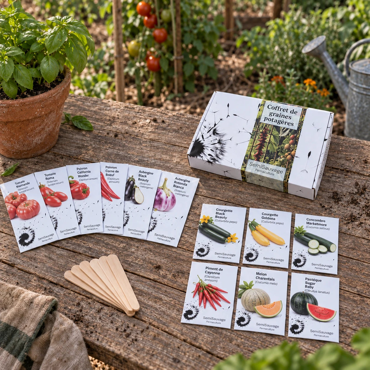 Coffret Légumes du Soleil et douze sachets posés sur une table en bois au jardin.