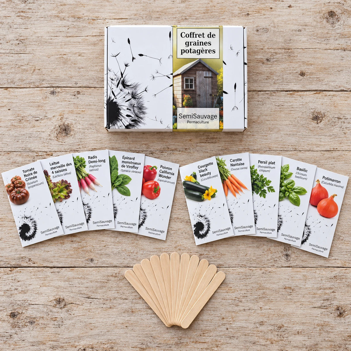 Vue de dessus du coffret débutant, dix sachets en deux éventails et étiquettes en bois.