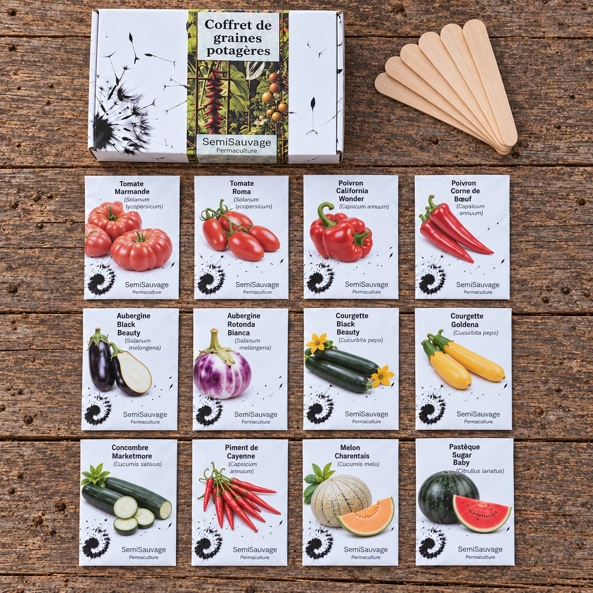 Vue de dessus du coffret Légumes du Soleil, douze sachets et étiquettes en bois.