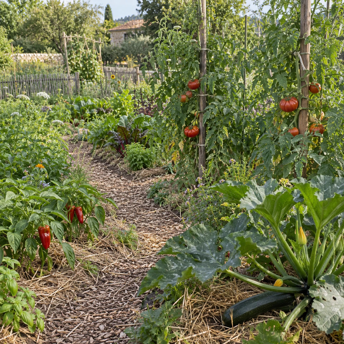 Tomates tuteurées, poivrons et courgette dans un potager d’été paillé.
