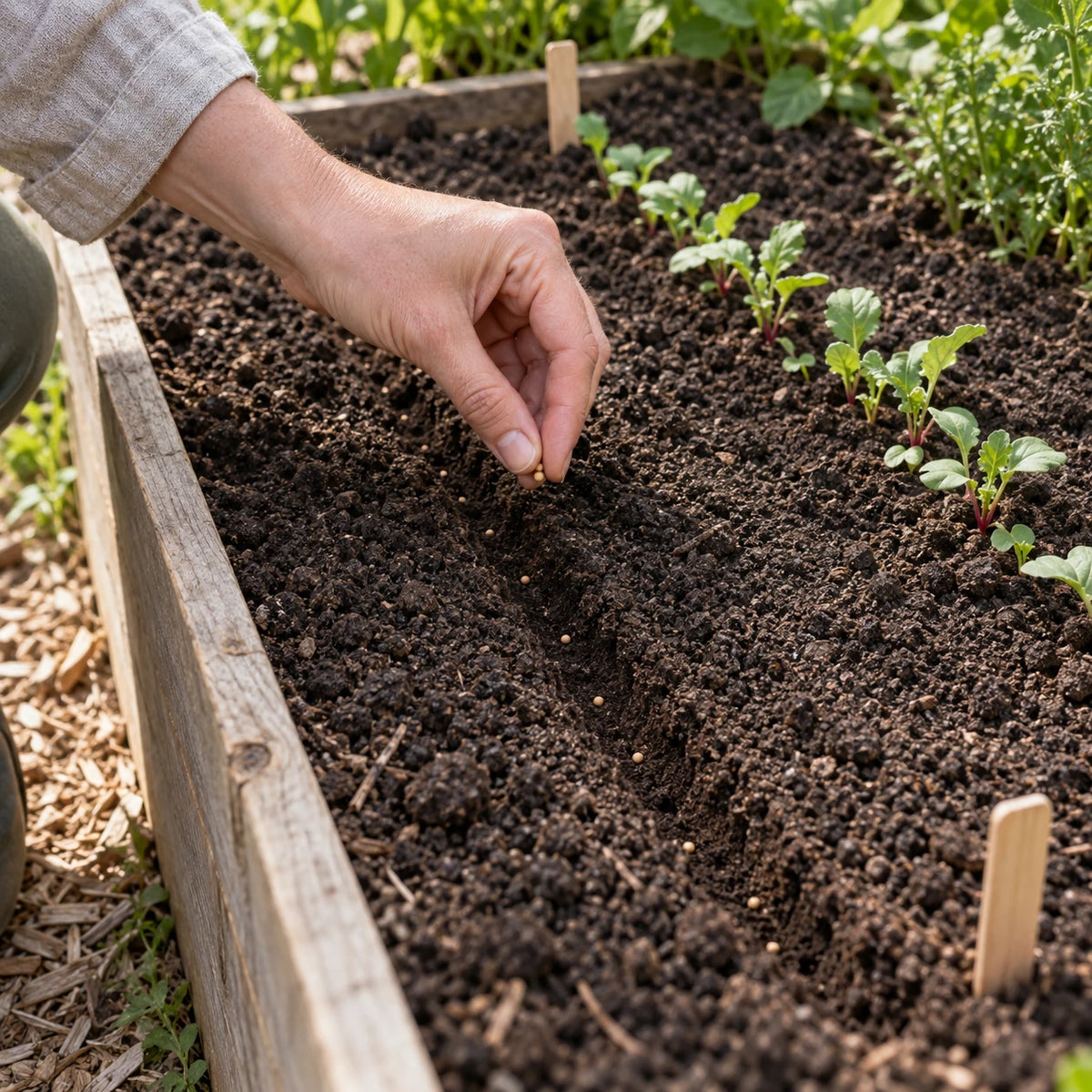 Main déposant des graines de radis dans un sillon au potager.