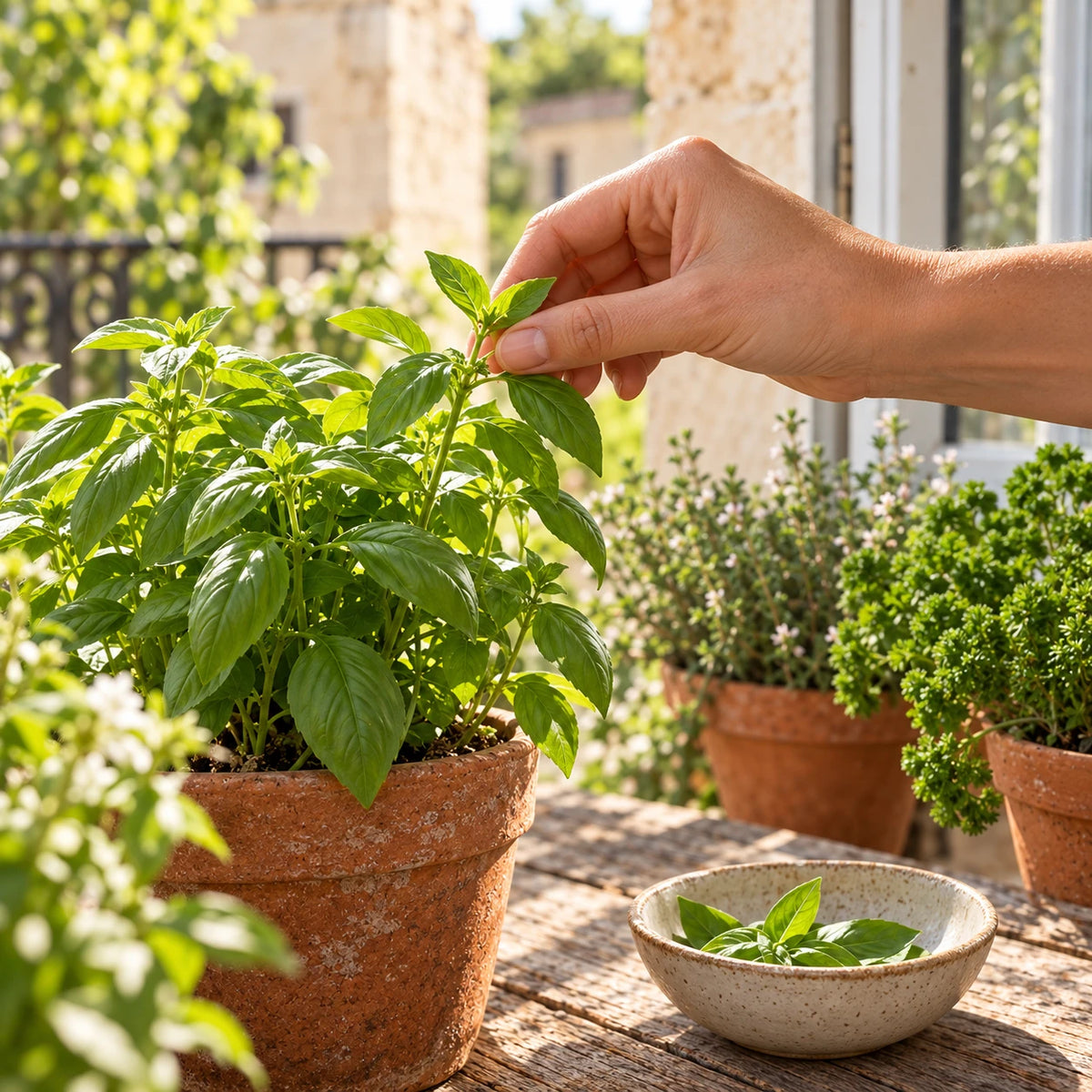 Une main cueille une jeune tige de basilic citron près de la cuisine.