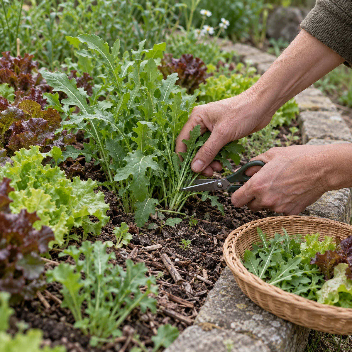 Récolte de feuilles de roquette aux ciseaux dans un potager de salades.