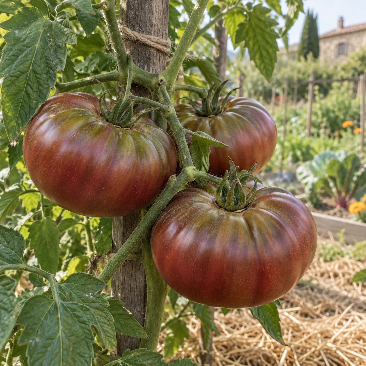Tomates Noires de Crimée aux épaules vertes sur un plant tuteuré au potager.