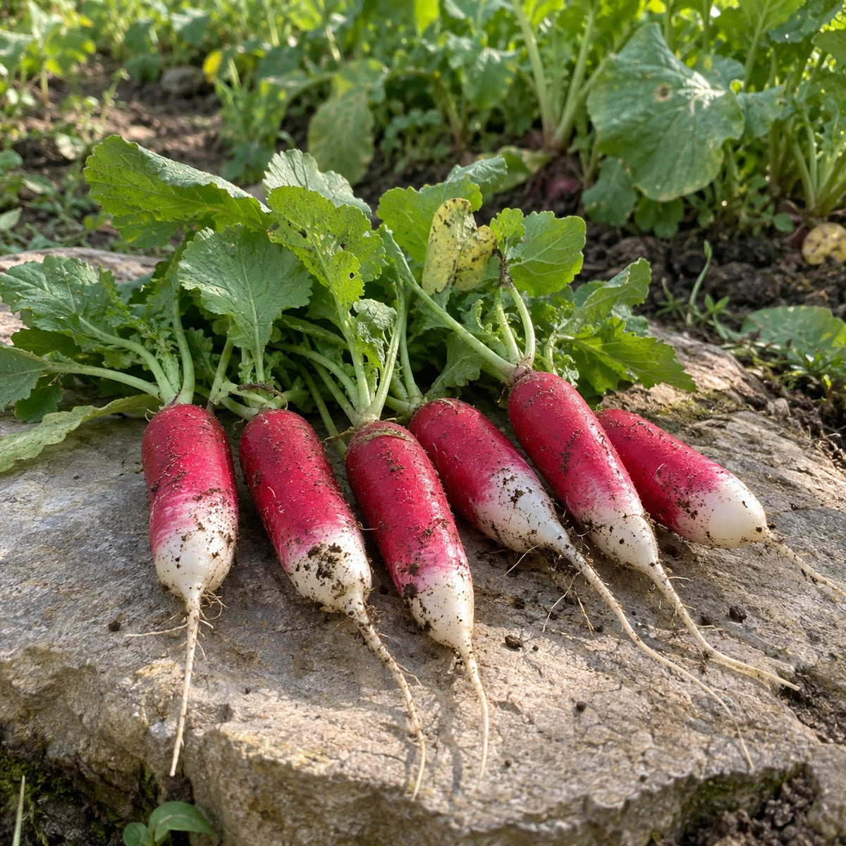 Radis demi-longs roses à bout blanc déposés avec leurs fanes sur une pierre au jardin.