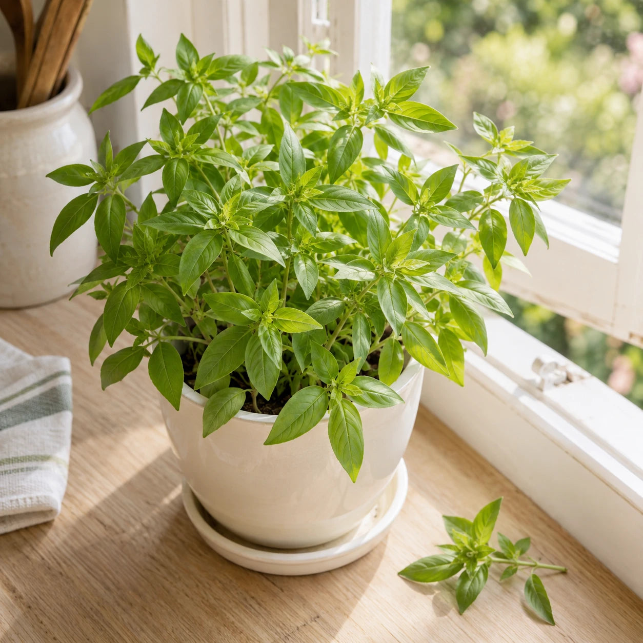 Basilic citron dans un pot en céramique près d’une fenêtre de cuisine.