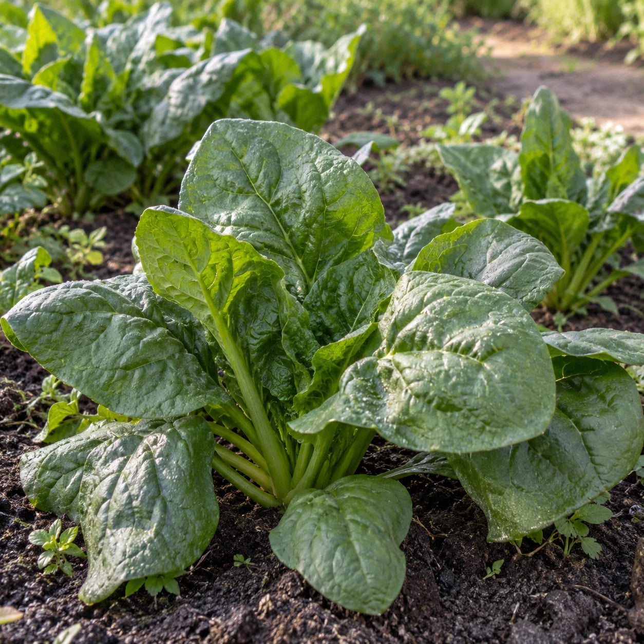 Épinard Monstrueux de Viroflay aux larges feuilles vertes cultivé en pleine terre.