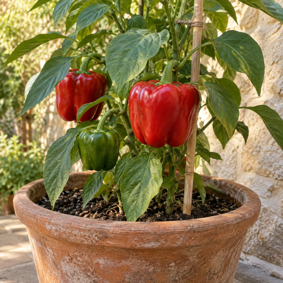 Poivrons California Wonder rouges et vert sur un plant soutenu dans un pot en terre cuite.