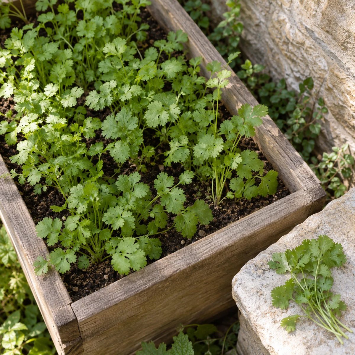 Coriandre au feuillage tendre dans une jardinière de bois, vue du dessus.