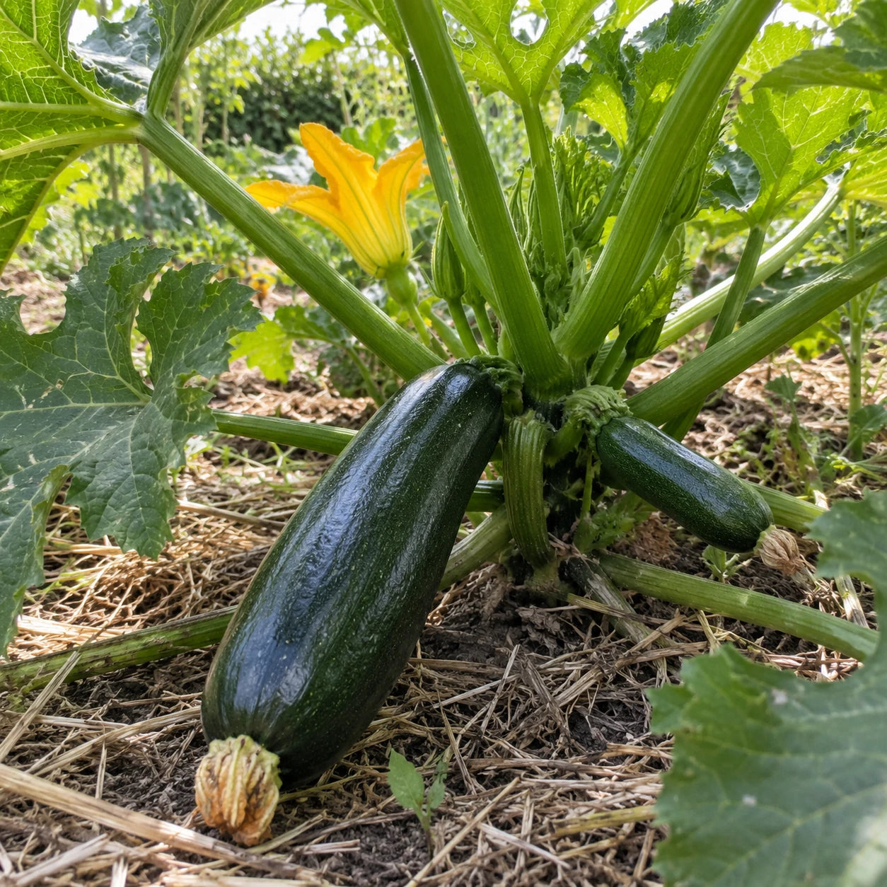 Courgettes Black Beauty vert foncé au pied d’un plant buissonnant sur sol paillé.