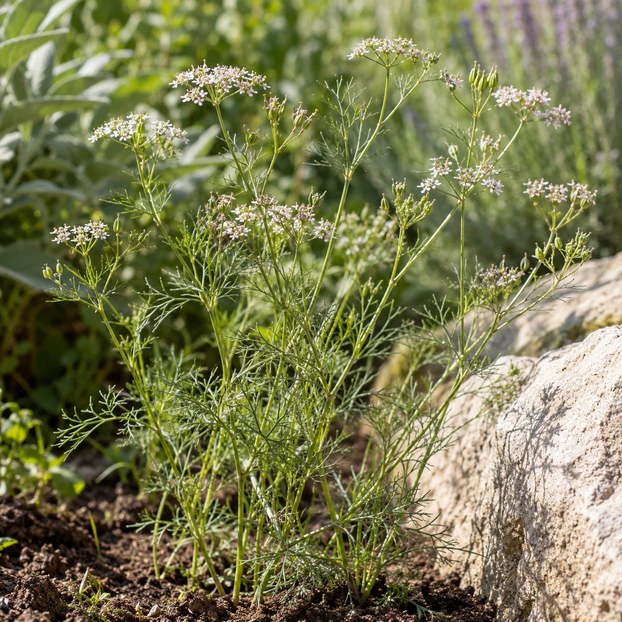 Cumin en pleine terre, aux tiges fines et aux petites ombelles claires.
