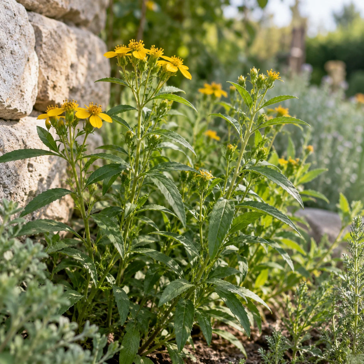 Estragon mexicain aux fleurs jaunes poussant près d’un mur de pierres.