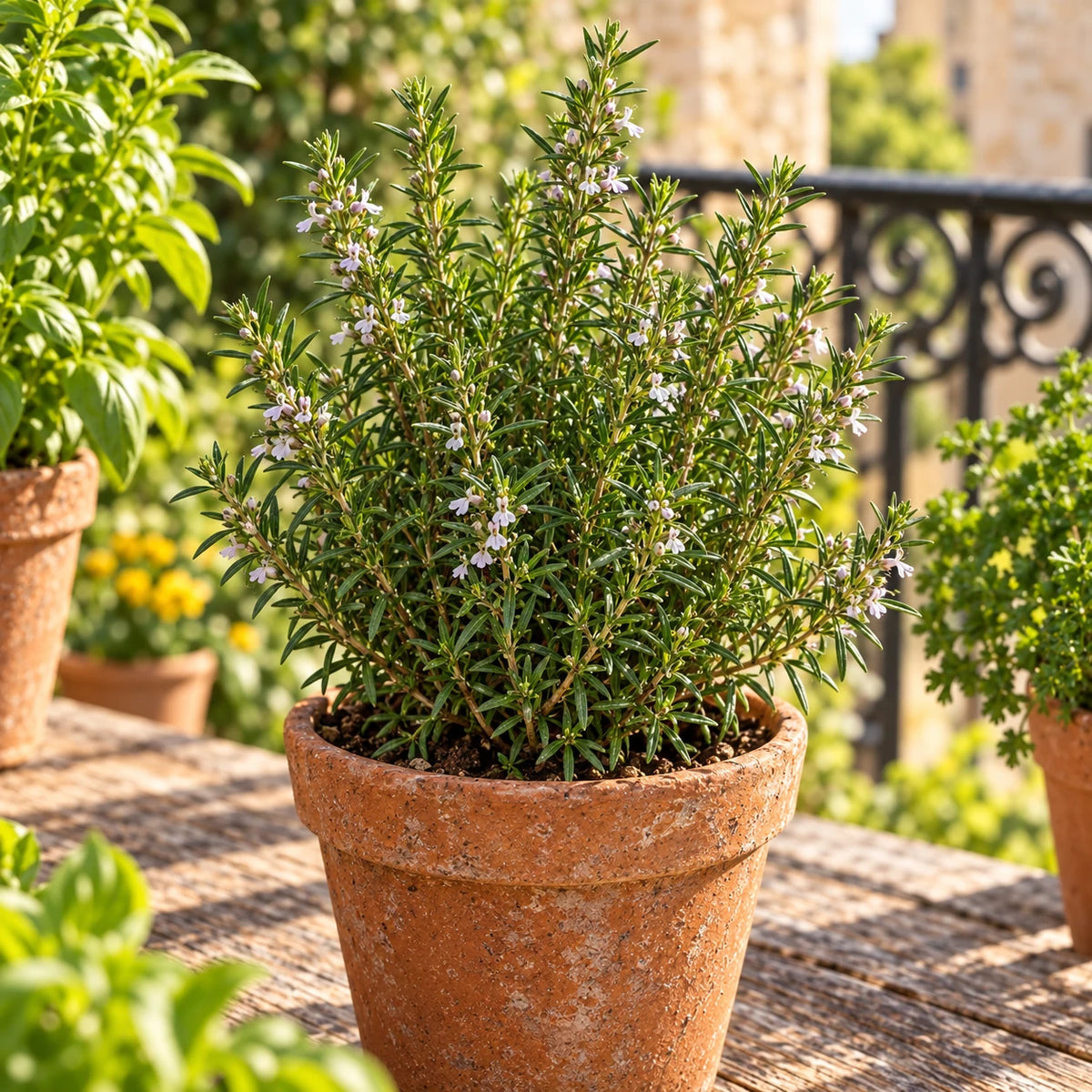 Sarriette vivace dans une bordure de pierres au jardin.