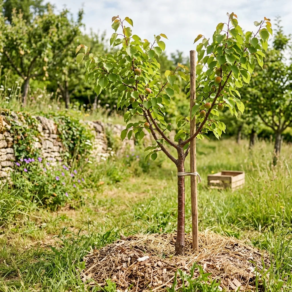 Jeune abricotier planté et paillé dans un verger-jardin — SemiSauvage