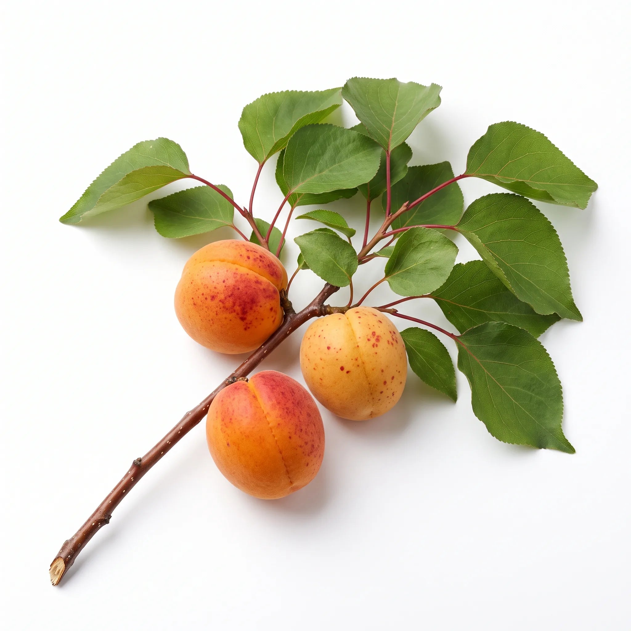 Rameau fructifié d'abricotier commun (Prunus armeniaca) sur fond blanc — graines reproductibles SemiSauvage