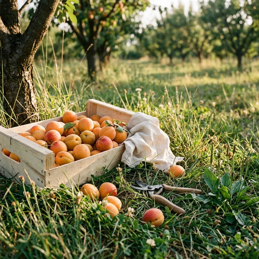 Cagette d'abricots fraîchement récoltés au pied de l'arbre — SemiSauvage