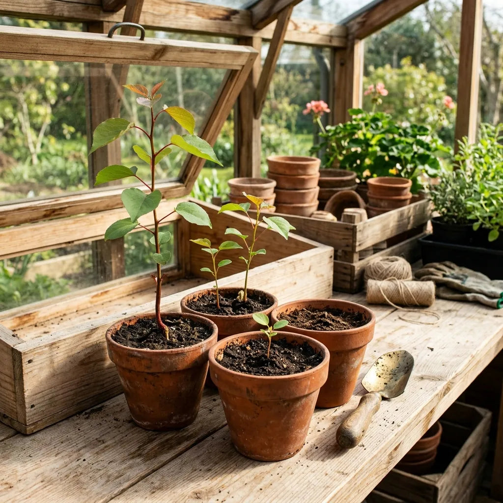 Jeunes plants d'abricotier en godets de terre cuite sous châssis — SemiSauvage