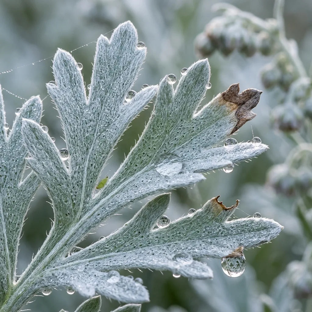 Macro d'une feuille d'absinthe soyeuse et argentée couverte de rosée — SemiSauvage