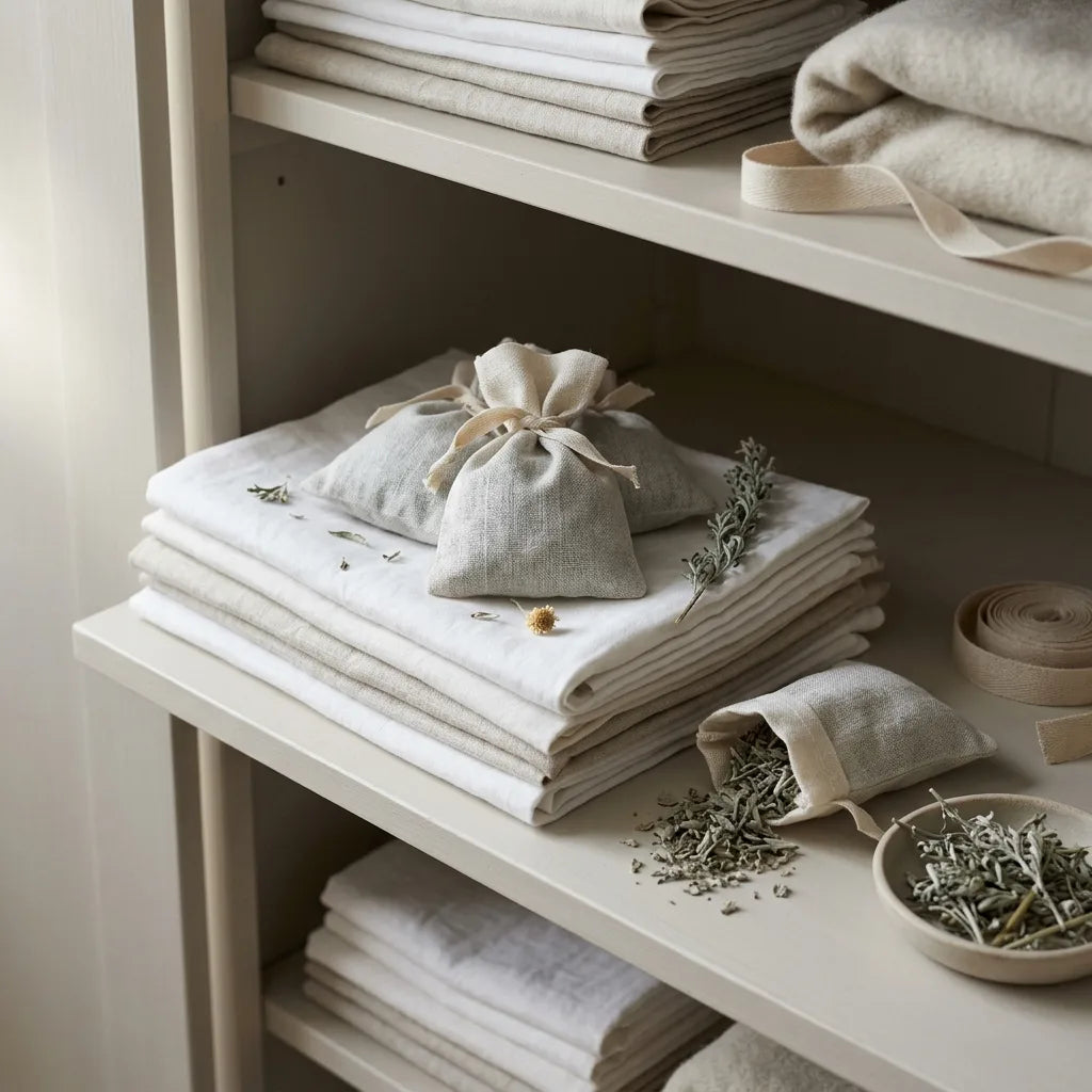 Sachets de lin garnis d'absinthe séchée dans une armoire à linge — SemiSauvage