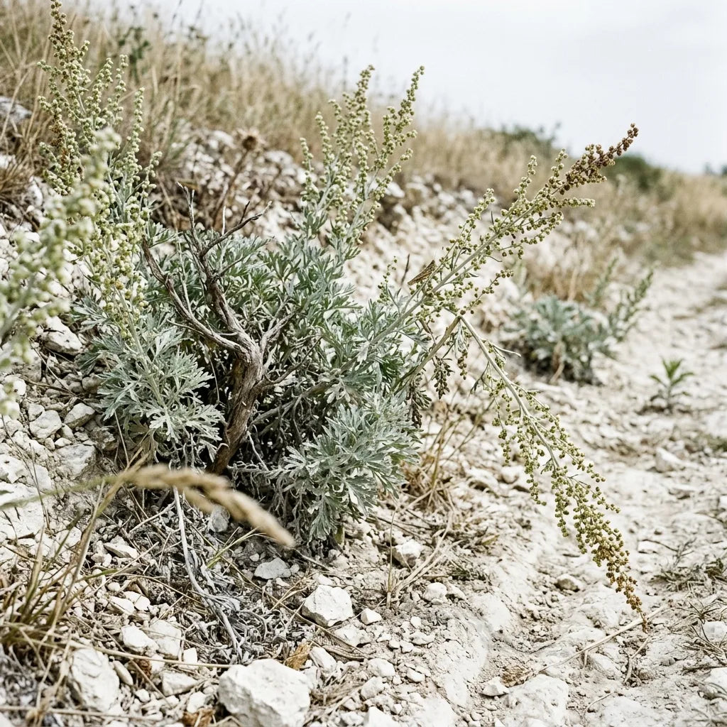 Absinthe sauvage sur un talus calcaire sec en bord de chemin — SemiSauvage