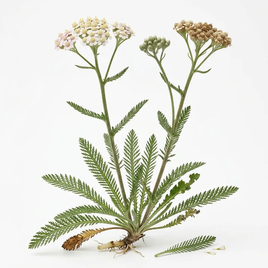 Plante entière d'achillée millefeuille (Achillea millefolium) en fleurs sur fond blanc — SemiSauvage