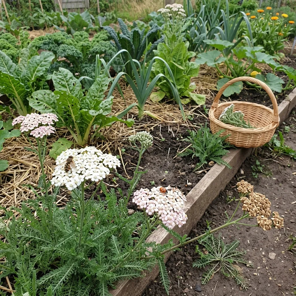Bande d'achillées en bordure de potager pour attirer les insectes auxiliaires — SemiSauvage