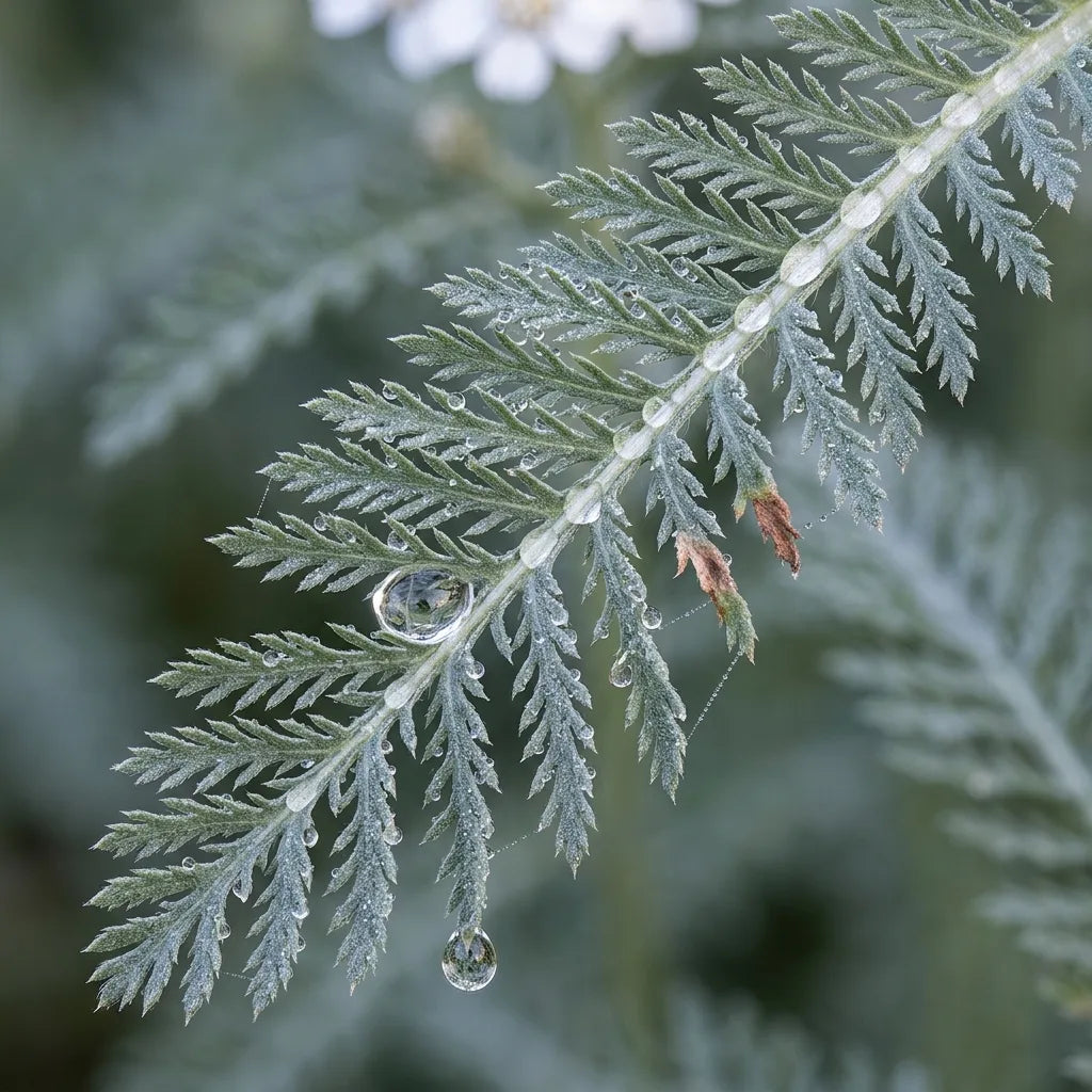 Macro d'une feuille finement découpée d'achillée millefeuille avec rosée — SemiSauvage