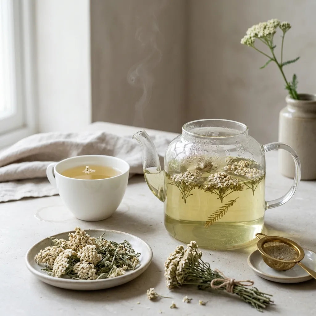 Infusion de fleurs séchées d'achillée millefeuille en théière de verre — SemiSauvage