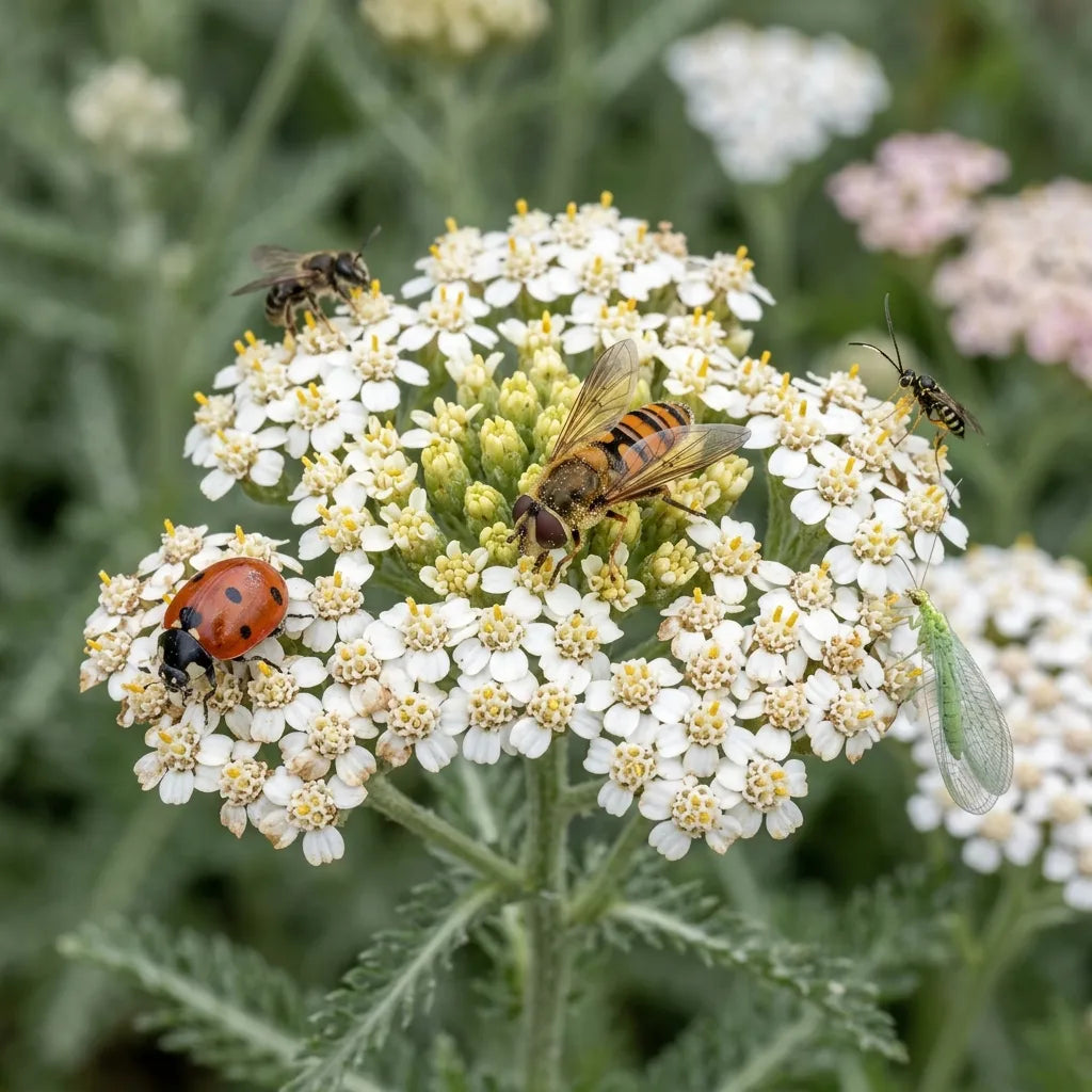 Syrphe, coccinelle et micro-guêpe sur une ombelle d'achillée millefeuille — SemiSauvage