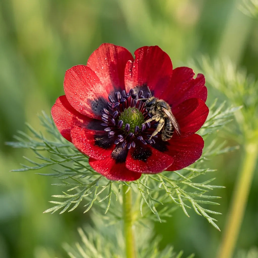 Abeille sauvage sur une fleur rouge à cœur noir d'adonis d'été (Adonis aestivalis) — SemiSauvage