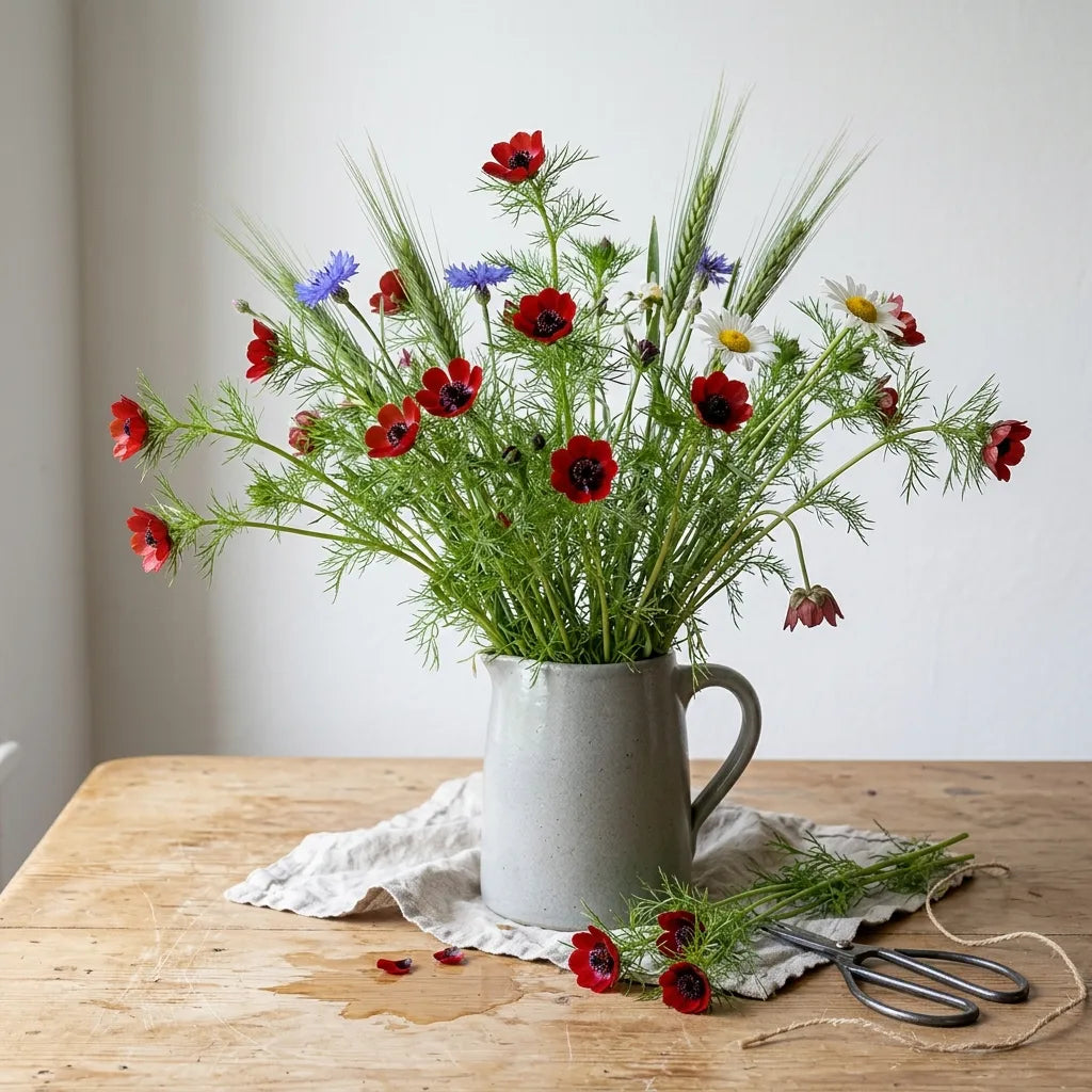 Bouquet champêtre d'adonis d'été (Adonis aestivalis) dans un pichet en grès — SemiSauvage