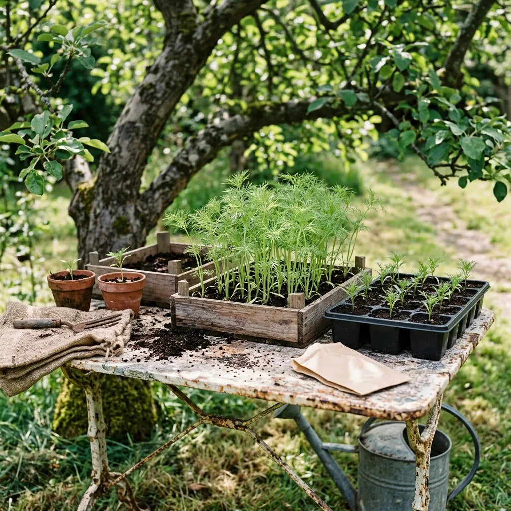 Jeunes semis d'adonis d'été (Adonis aestivalis) en caissettes sous un pommier — SemiSauvage
