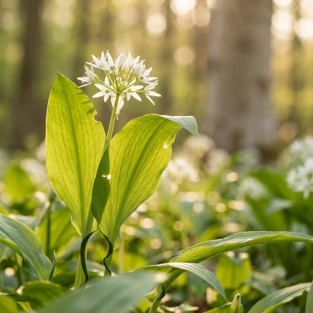 Feuilles d'ail des ours translucides à contre-jour en sous-bois — SemiSauvage