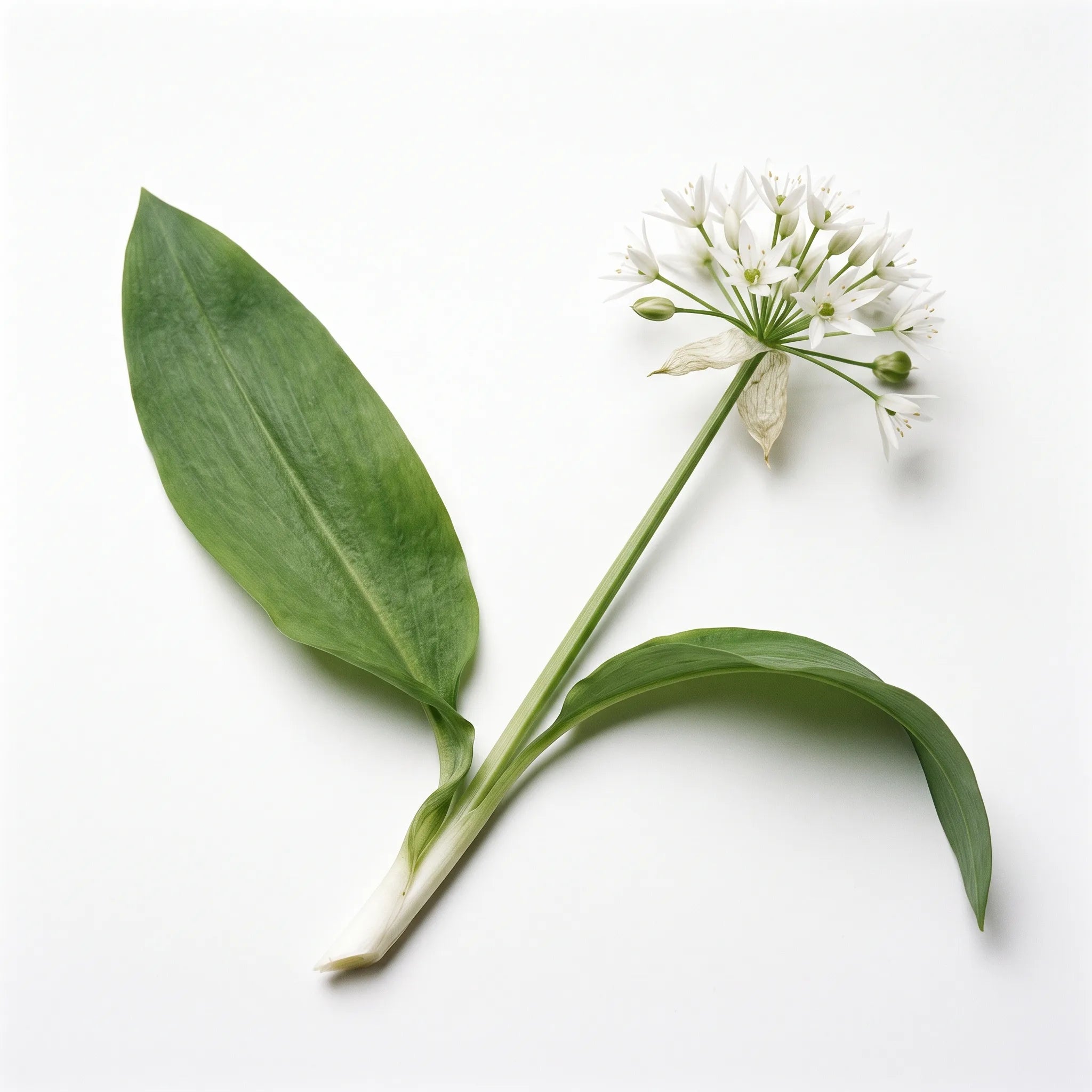 Pied d'ail des ours (Allium ursinum) avec ses feuilles et son ombelle sur fond blanc — graines reproductibles SemiSauvage