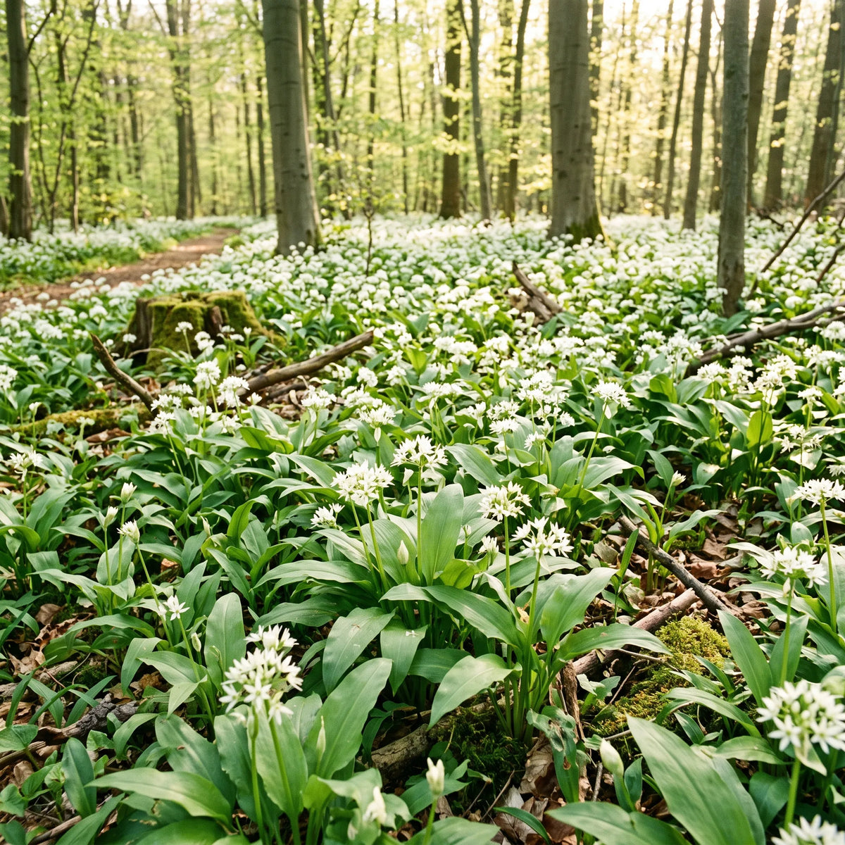 Tapis d'ail des ours en fleurs dans un sous-bois clair de printemps — SemiSauvage
