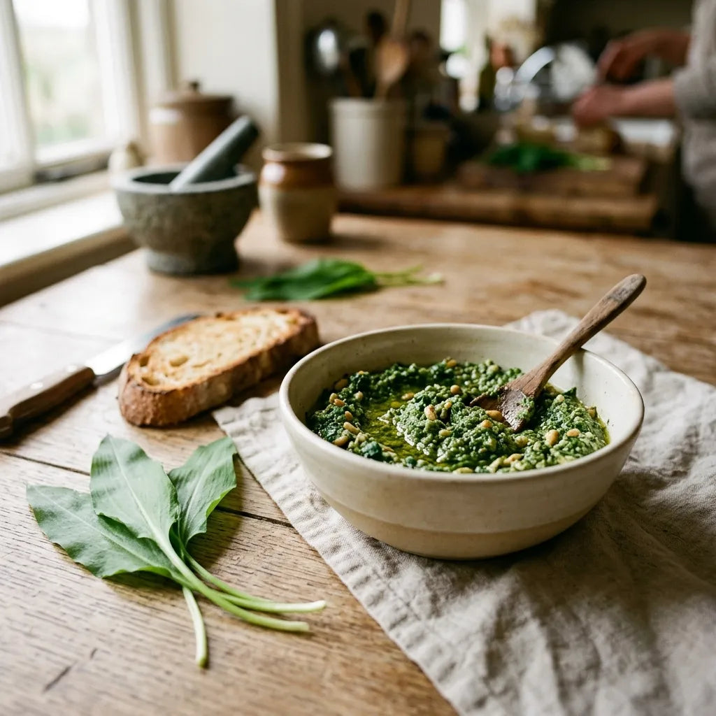 Pesto d'ail des ours dans un bol en céramique artisanale — SemiSauvage
